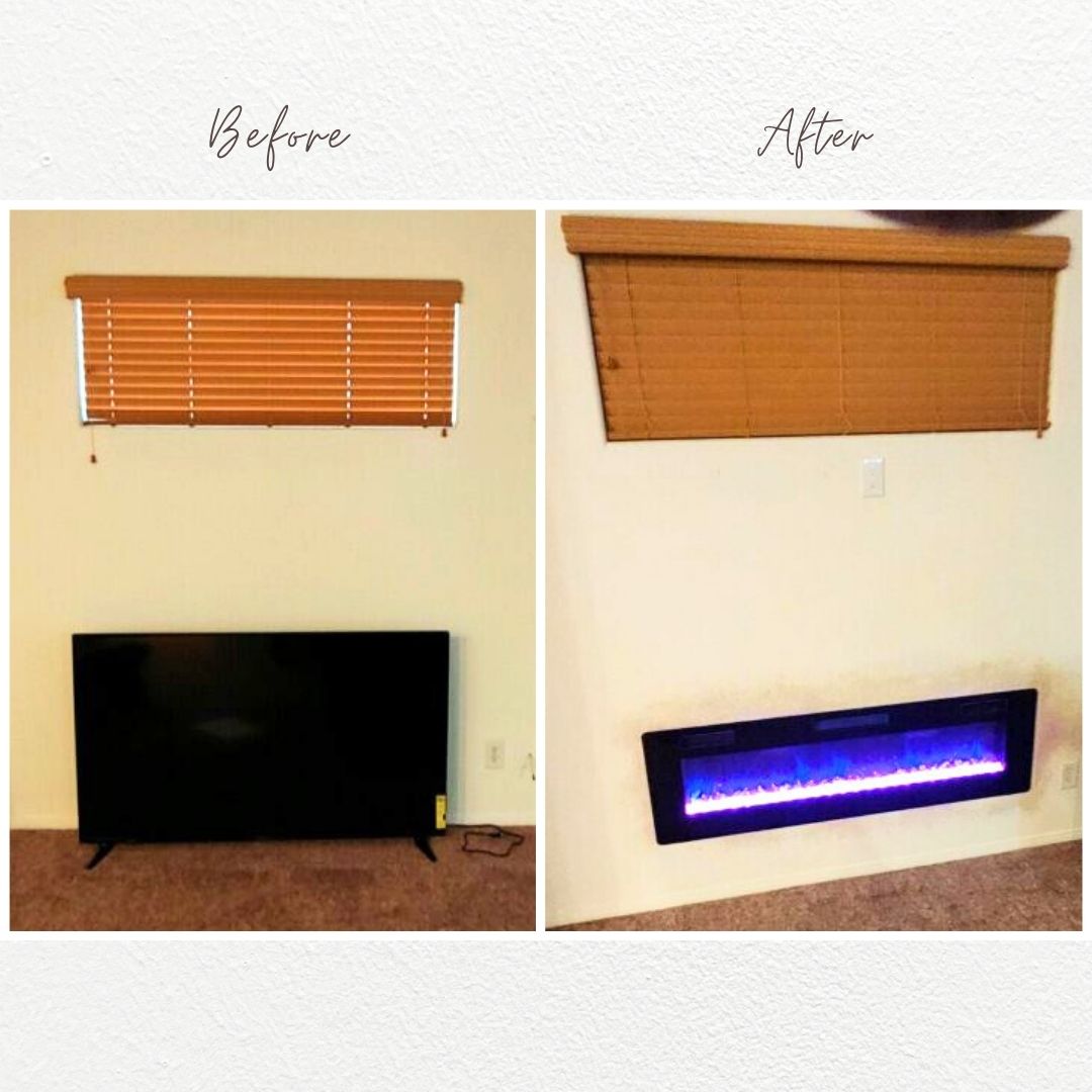 Before and After photo of electric fireplace installation